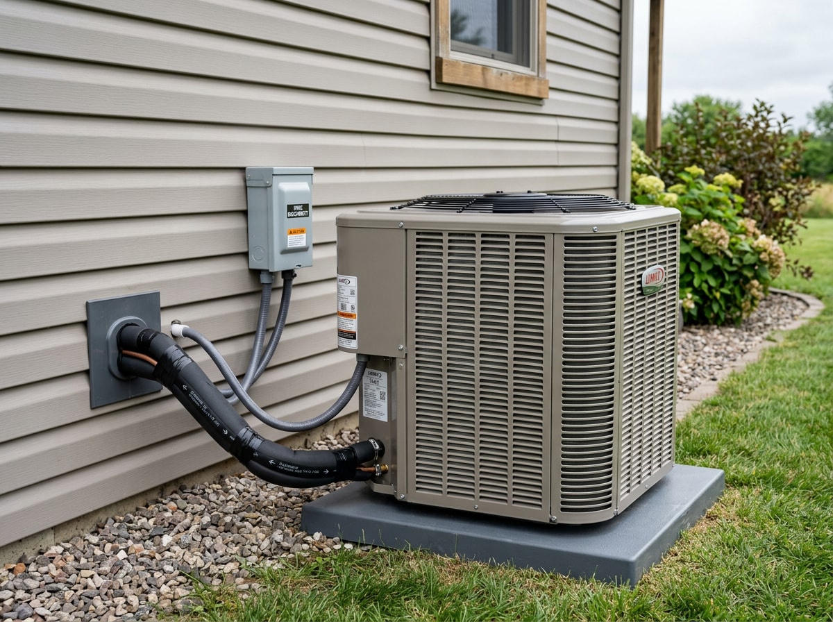 Outdoor air conditioner condenser unit beside a home in Gilman, WI