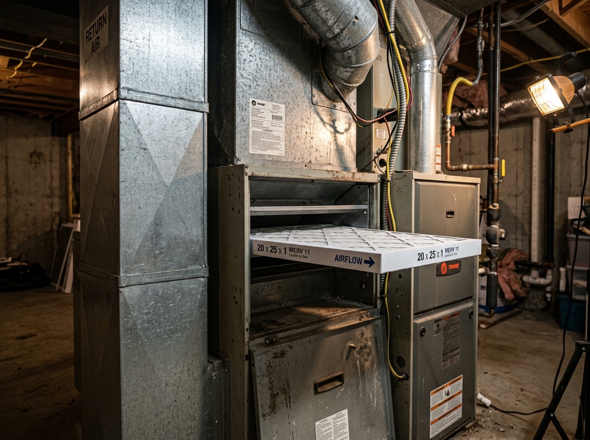 Clean pleated furnace filter installed in a return air filter slot