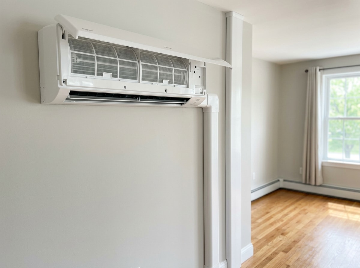 Wall-mounted ductless mini split indoor head with clean filters and trim
