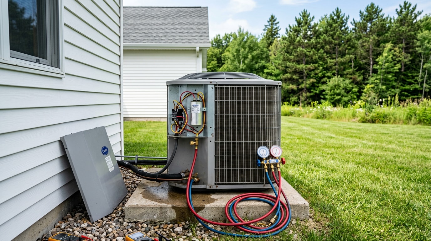 Outdoor AC condenser with service panel open during AC air repair at a Gilman, WI home