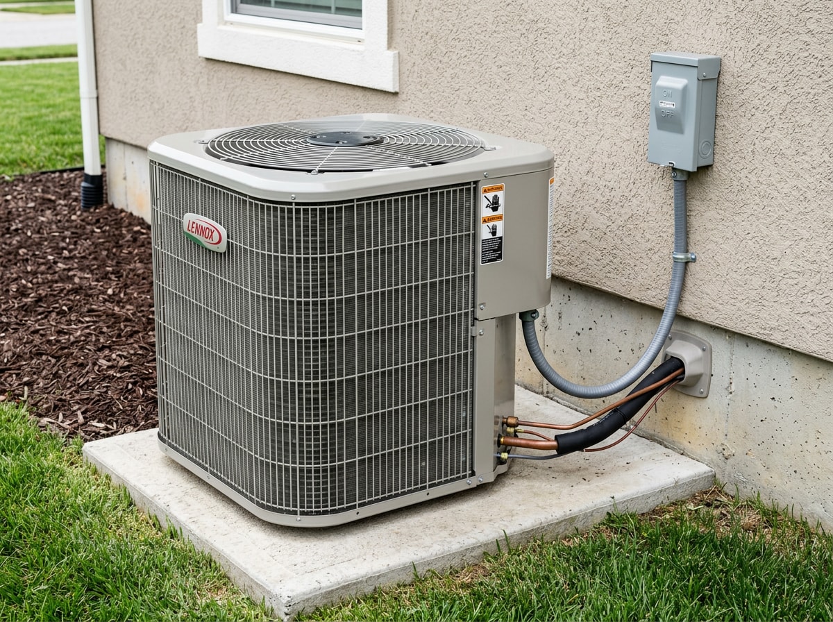 Residential air conditioning condenser unit installed on a concrete pad beside a rural Wisconsin home