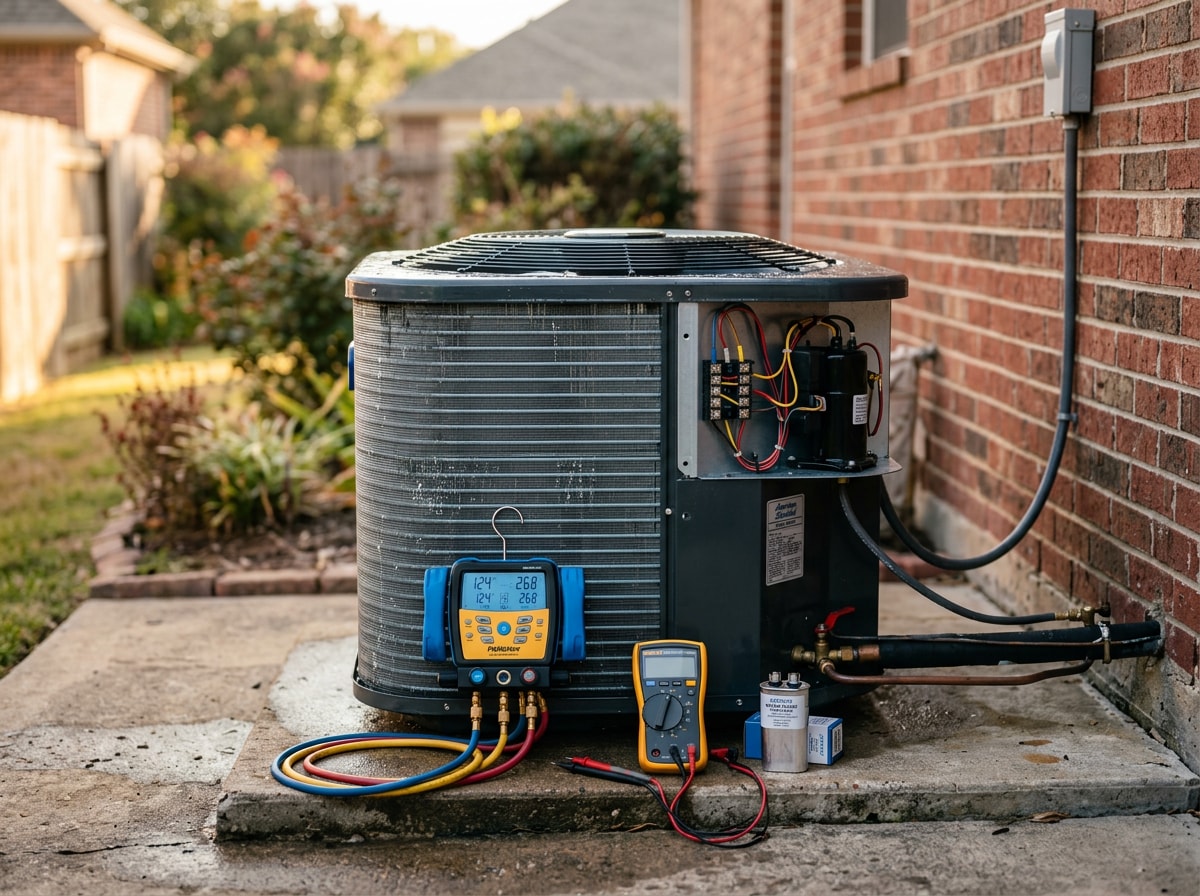 Clean outdoor condenser coil with service gauges and hand tools staged on the pad during an annual AC tune-up