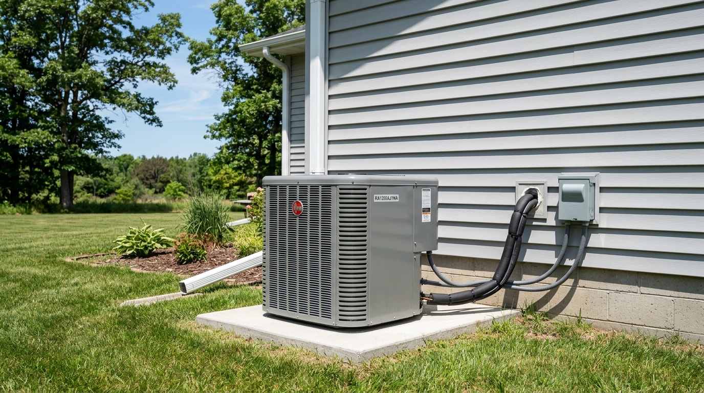 Outdoor AC condenser unit beside a home in Chippewa County, Wisconsin Outdoor AC condenser unit beside a home in Chippewa County, Wisconsin