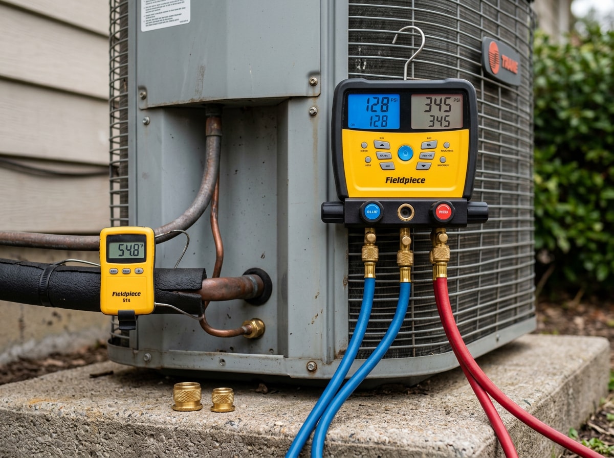 HVAC gauges connected to a residential condenser during an AC repair diagnostic