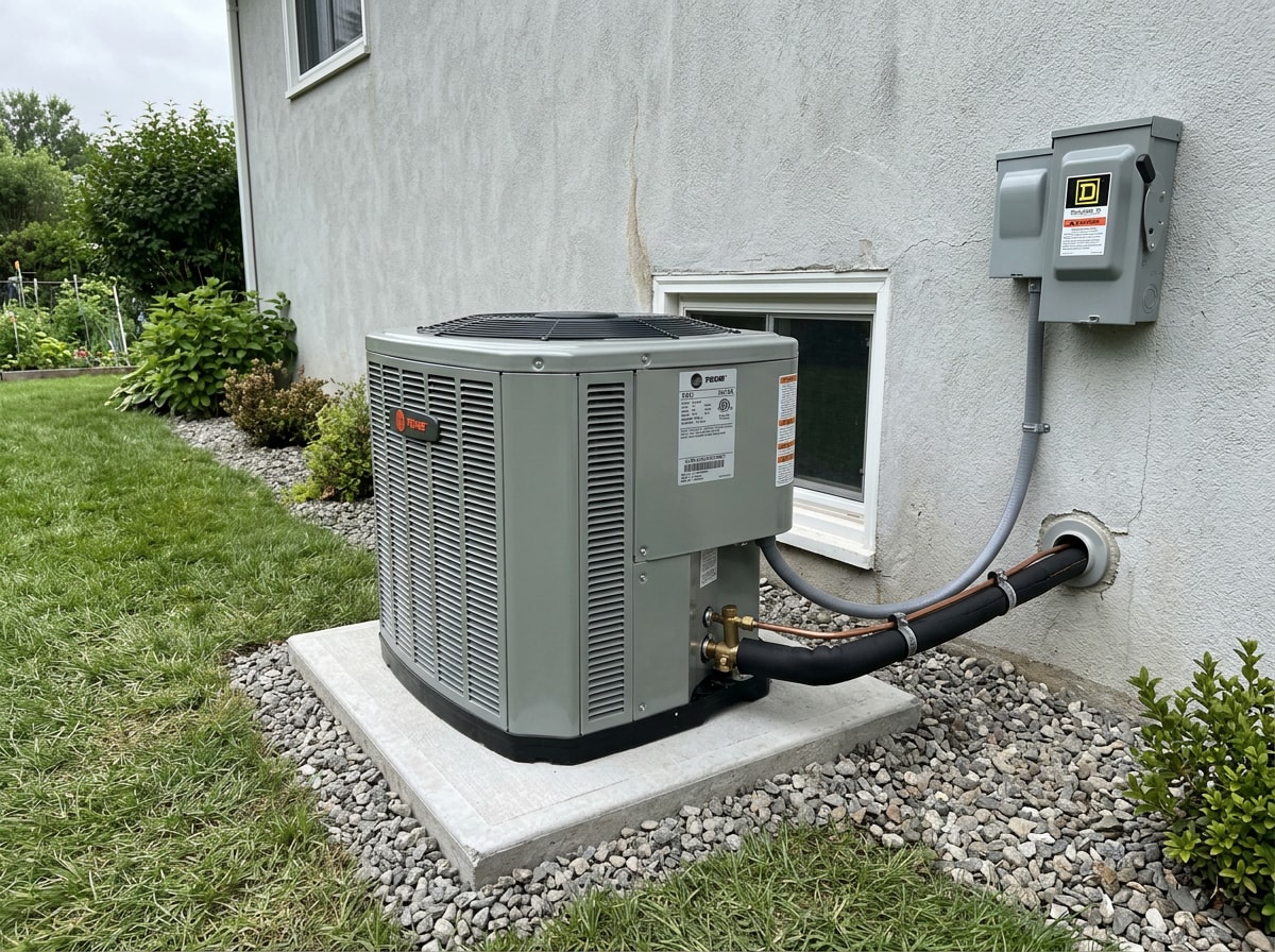 Newly installed central air conditioner condenser on a concrete pad beside a rural Wisconsin home