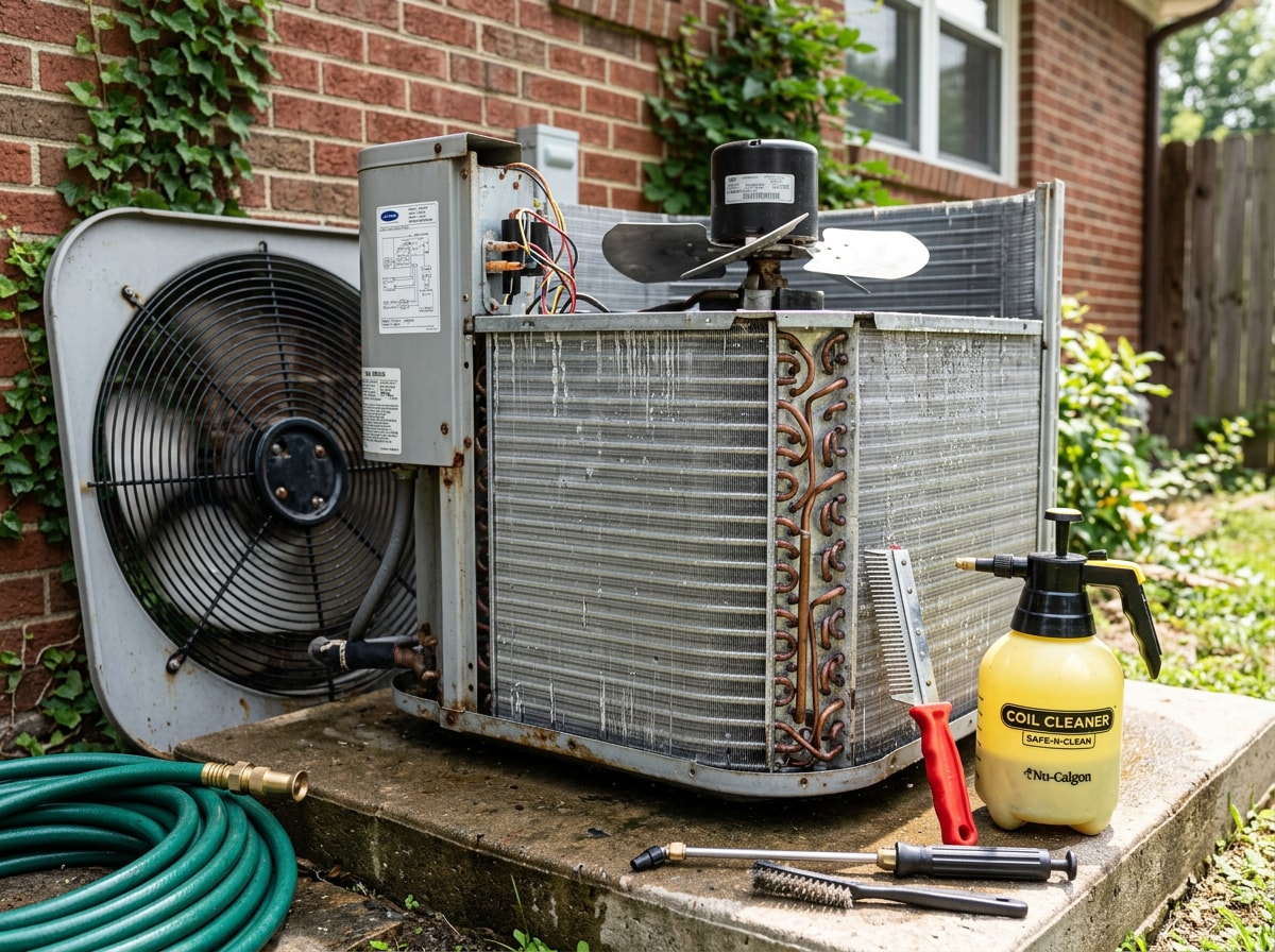 Technician cleaning condenser coils during a seasonal air conditioning tune up