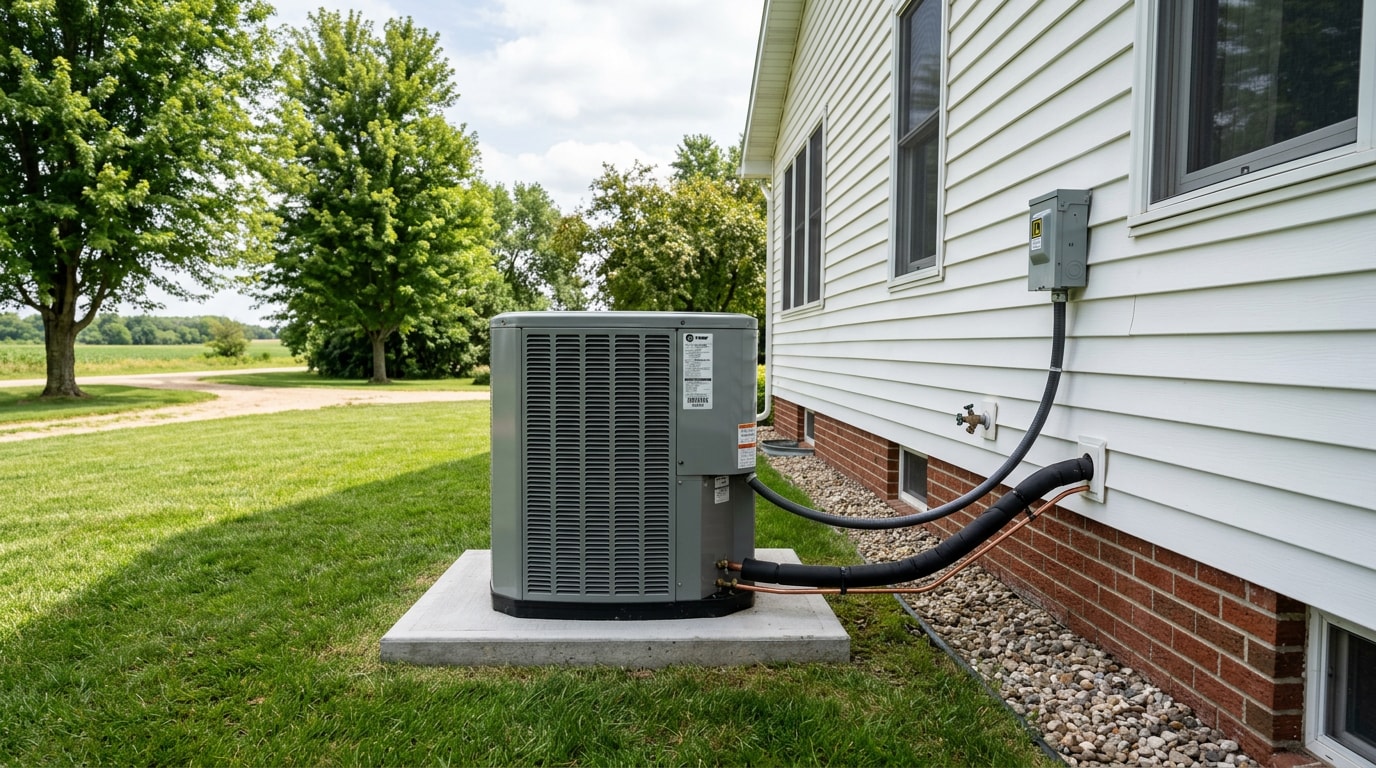 Residential central air conditioner condenser installed beside a home in Boyd, WI Residential central air conditioner condenser installed beside a home in Boyd, WI