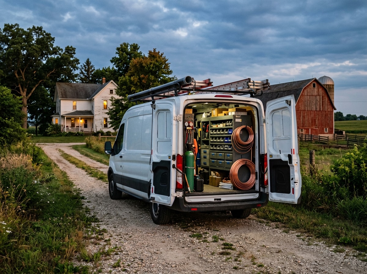 Outdoor condensing unit and service gauges set up beside a rural Wisconsin farmhouse
