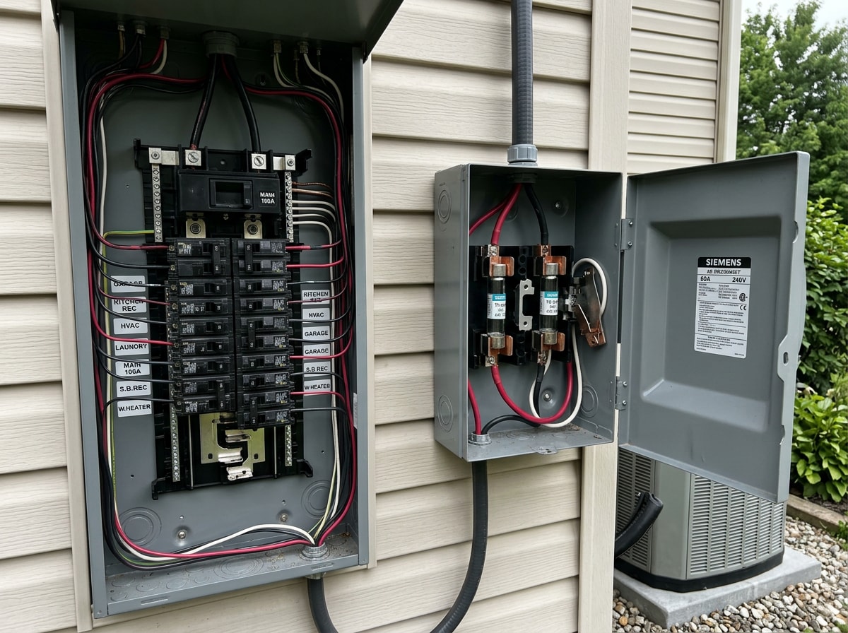 Labeled residential breaker panel beside an outdoor AC disconnect box with the cover open