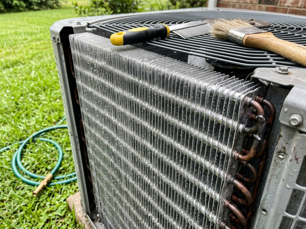 Cleaned condenser coil fins and a fin comb resting on the unit during a seasonal tune-up