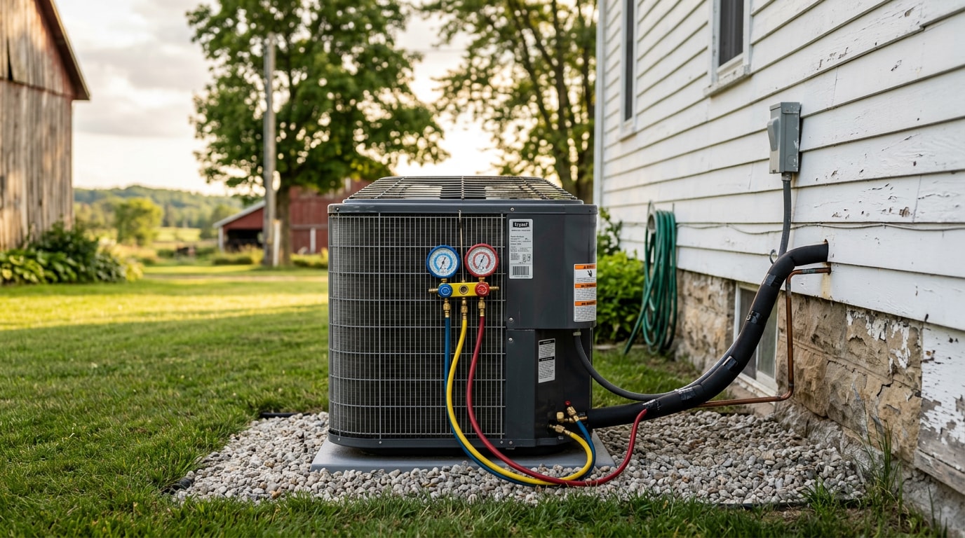 Serviced outdoor AC condenser unit with gauge set at a rural Clark County, Wisconsin home Serviced outdoor AC condenser unit with gauge set at a rural Clark County, Wisconsin home