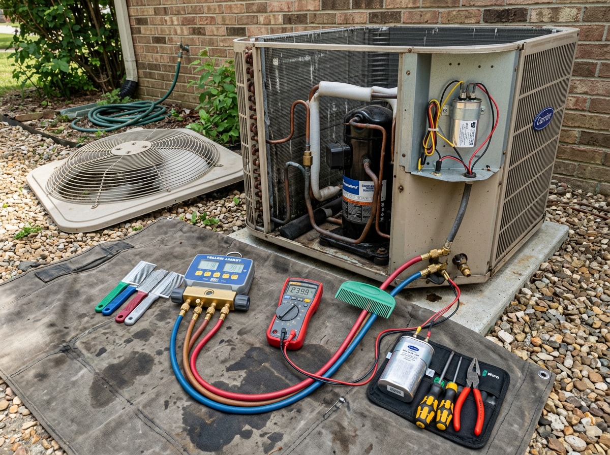 HVAC technician tools and gauges set beside an open outdoor AC condenser unit