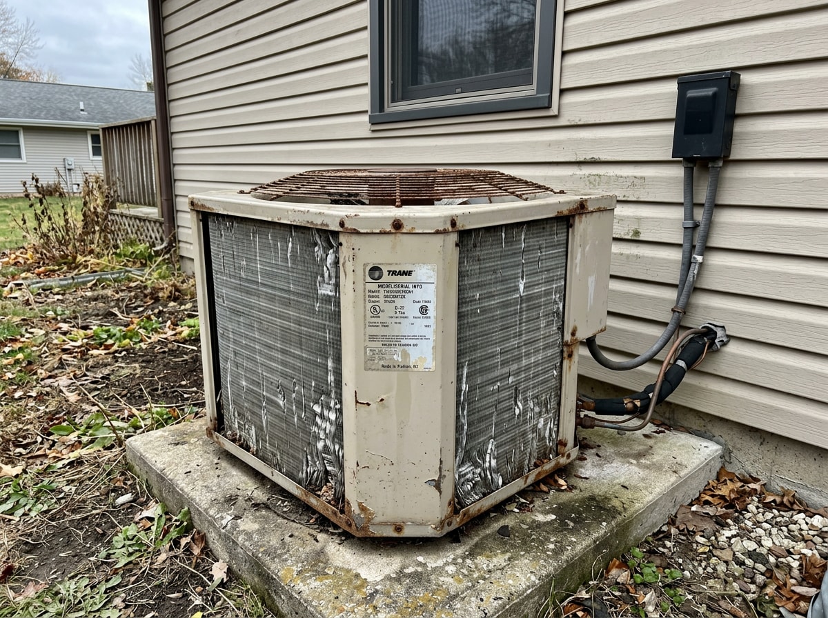 Aging outdoor air conditioner condenser beside a rural Wisconsin home