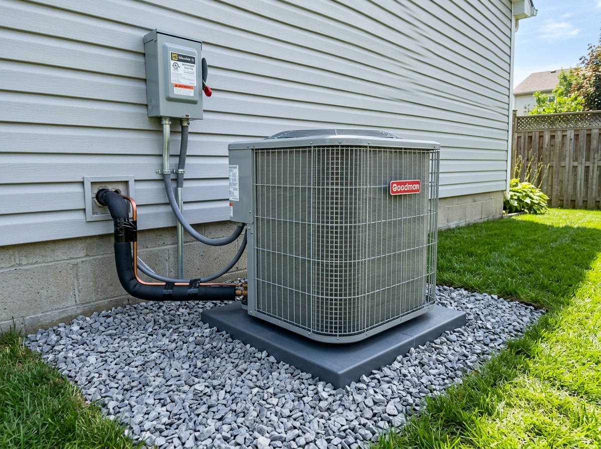 Clean residential outdoor AC condenser with clear three-foot working space around it