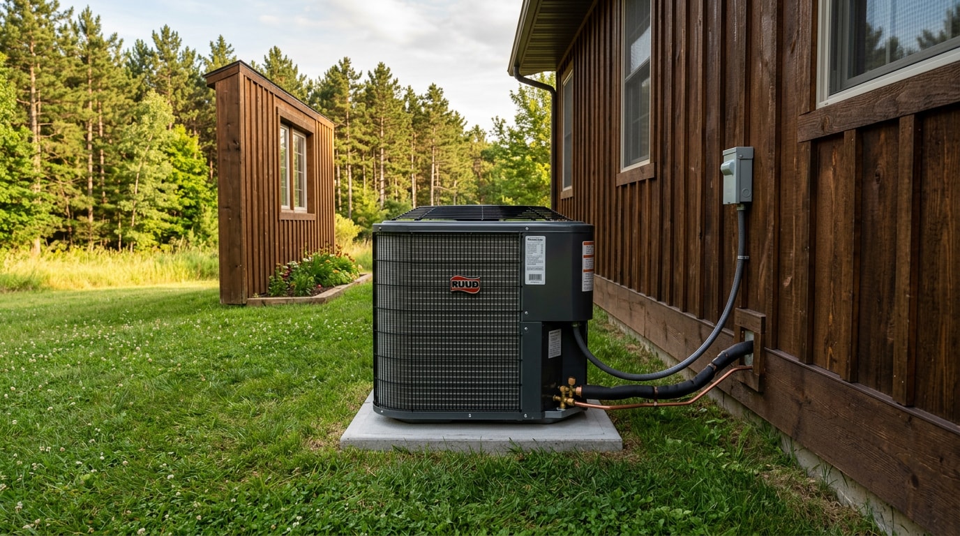 Residential outdoor AC condenser unit beside a rural Wisconsin home in summer Residential outdoor AC condenser unit beside a rural Wisconsin home in summer
