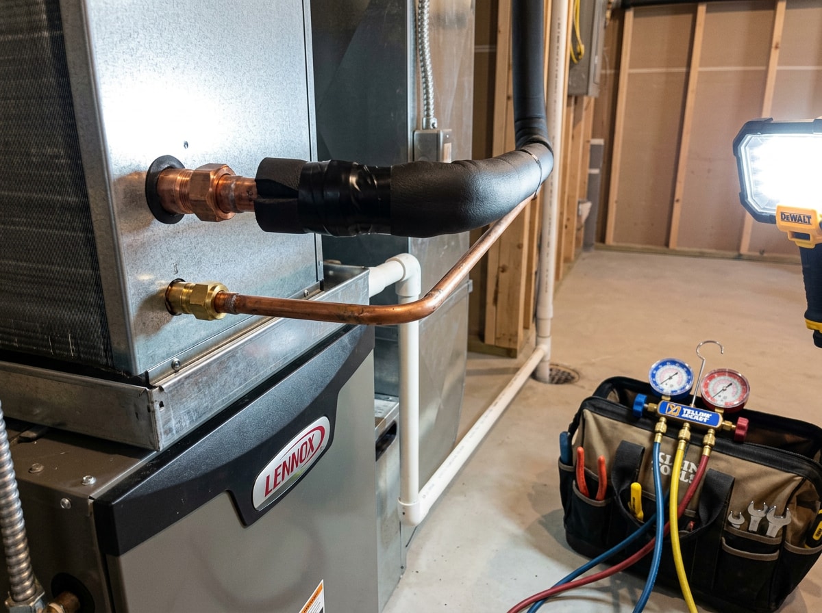 Technician brazing a refrigerant line set during a central air conditioner installation at a rural Wisconsin home