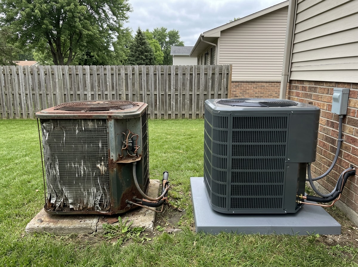 Aging outdoor condenser beside a newly installed high-efficiency replacement unit on a concrete pad