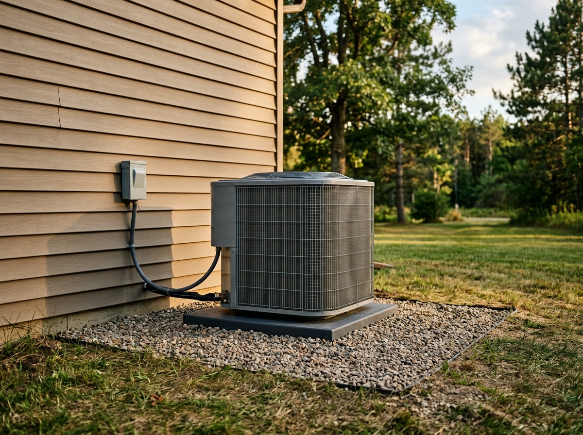 Outdoor air conditioner condenser on a level pad with clear brush-free space on all sides