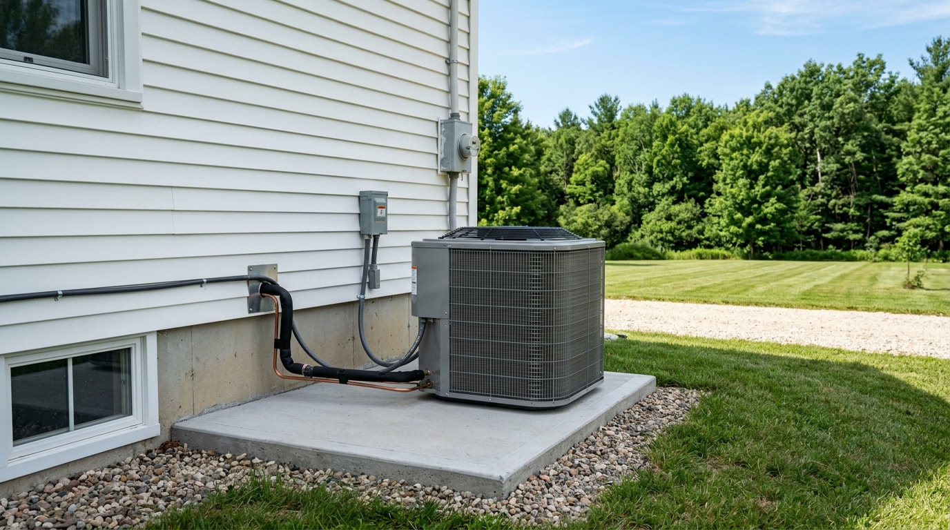 Newly installed outdoor AC condenser unit beside a rural Wisconsin farmhouse Newly installed outdoor AC condenser unit beside a rural Wisconsin farmhouse