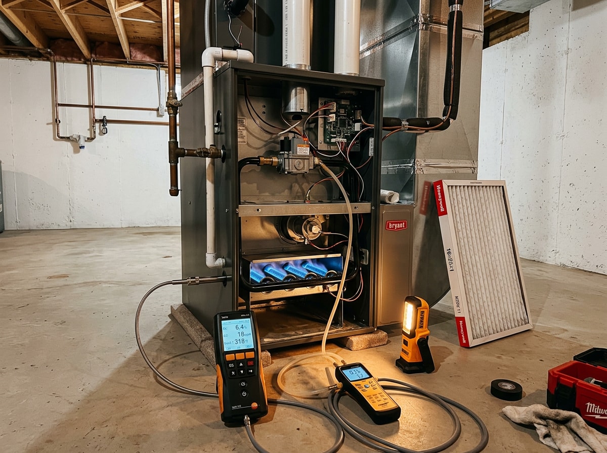 Technician completing a furnace tune-up and combustion test in a Boyd WI basement