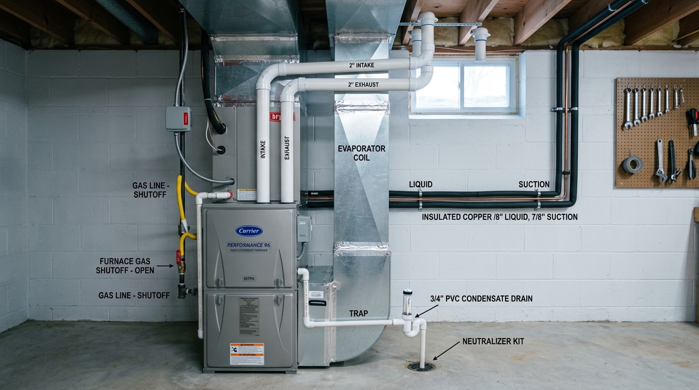 Newly installed high-efficiency furnace in a Boyd, WI home basement
