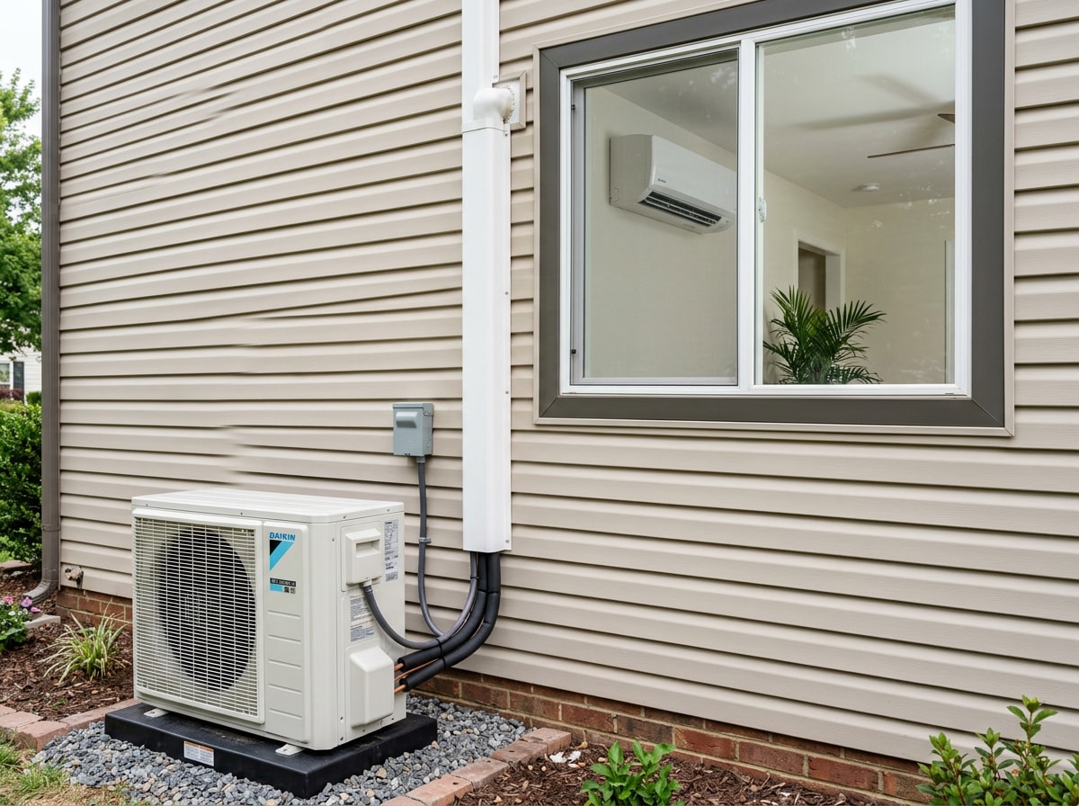 outdoor condenser unit connected to refrigerant line and indoor AC unit during installation