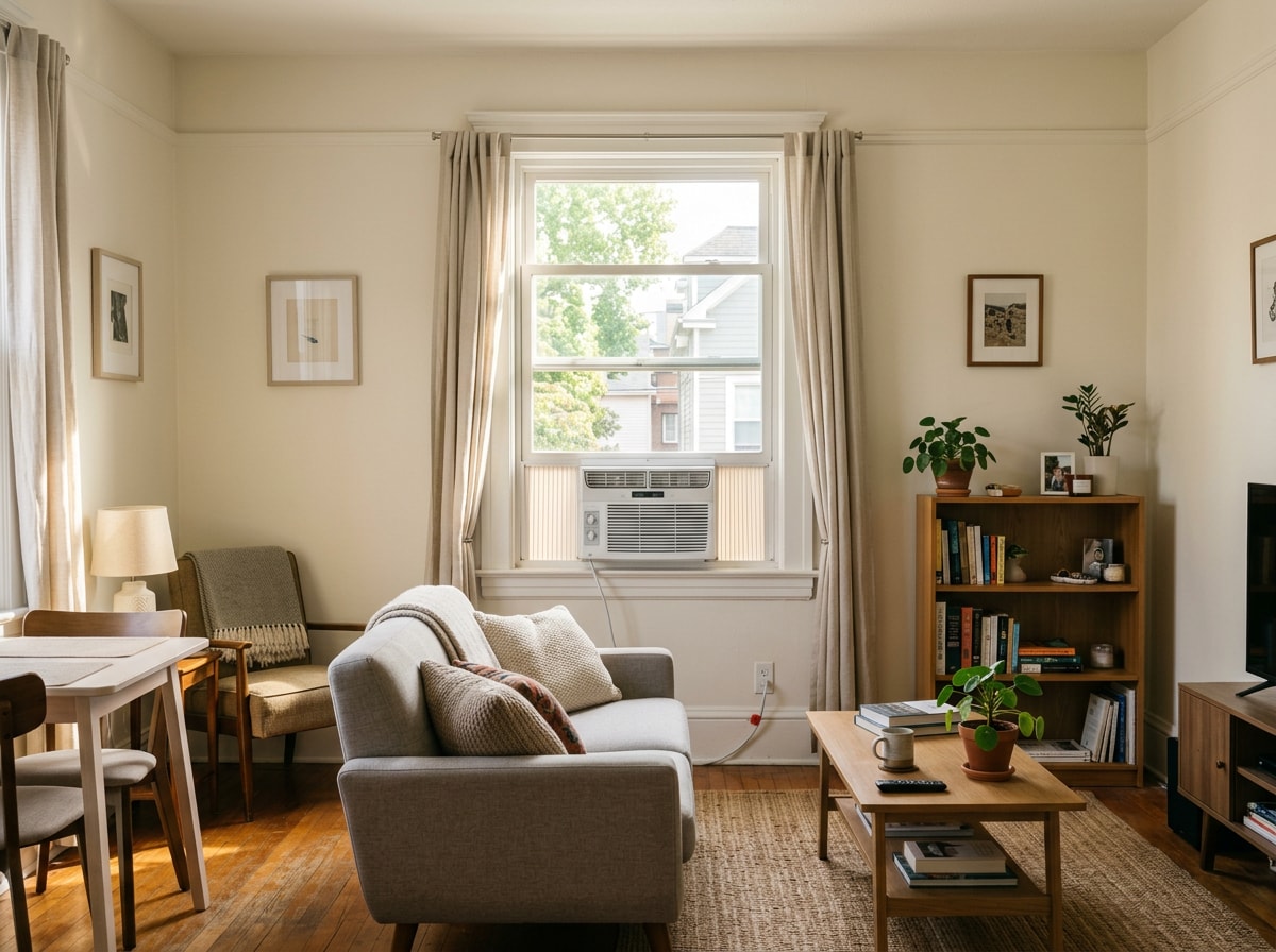 small window air conditioner installed in a Holcombe, WI apartment living room