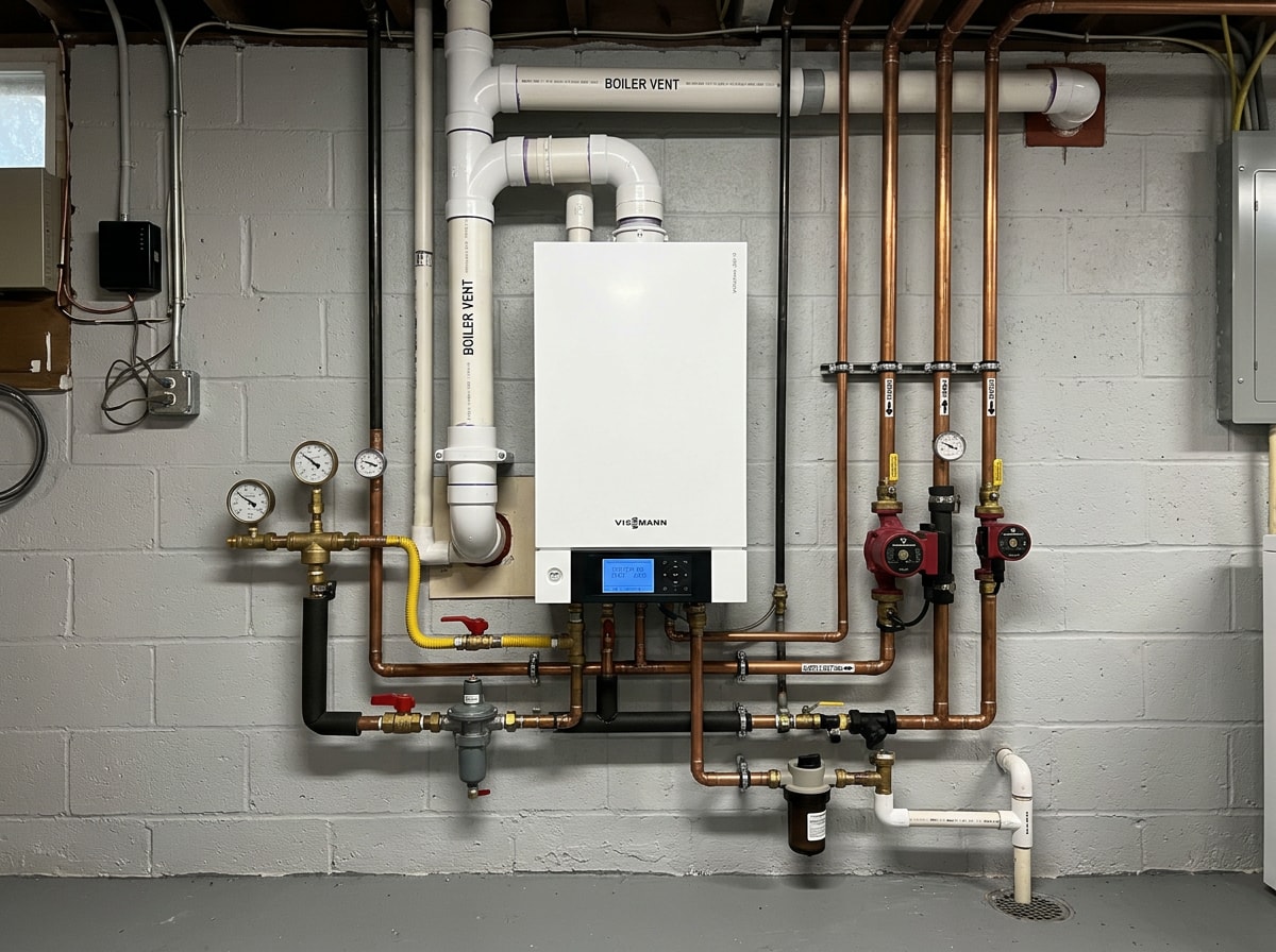 Finished high-efficiency condensing boiler installation with venting and piping in a mechanical room