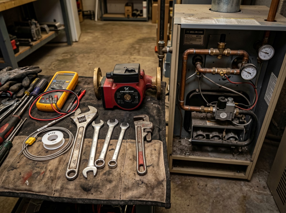 Close-up of a technician's tools and replacement parts laid out next to an open residential boiler cabinet