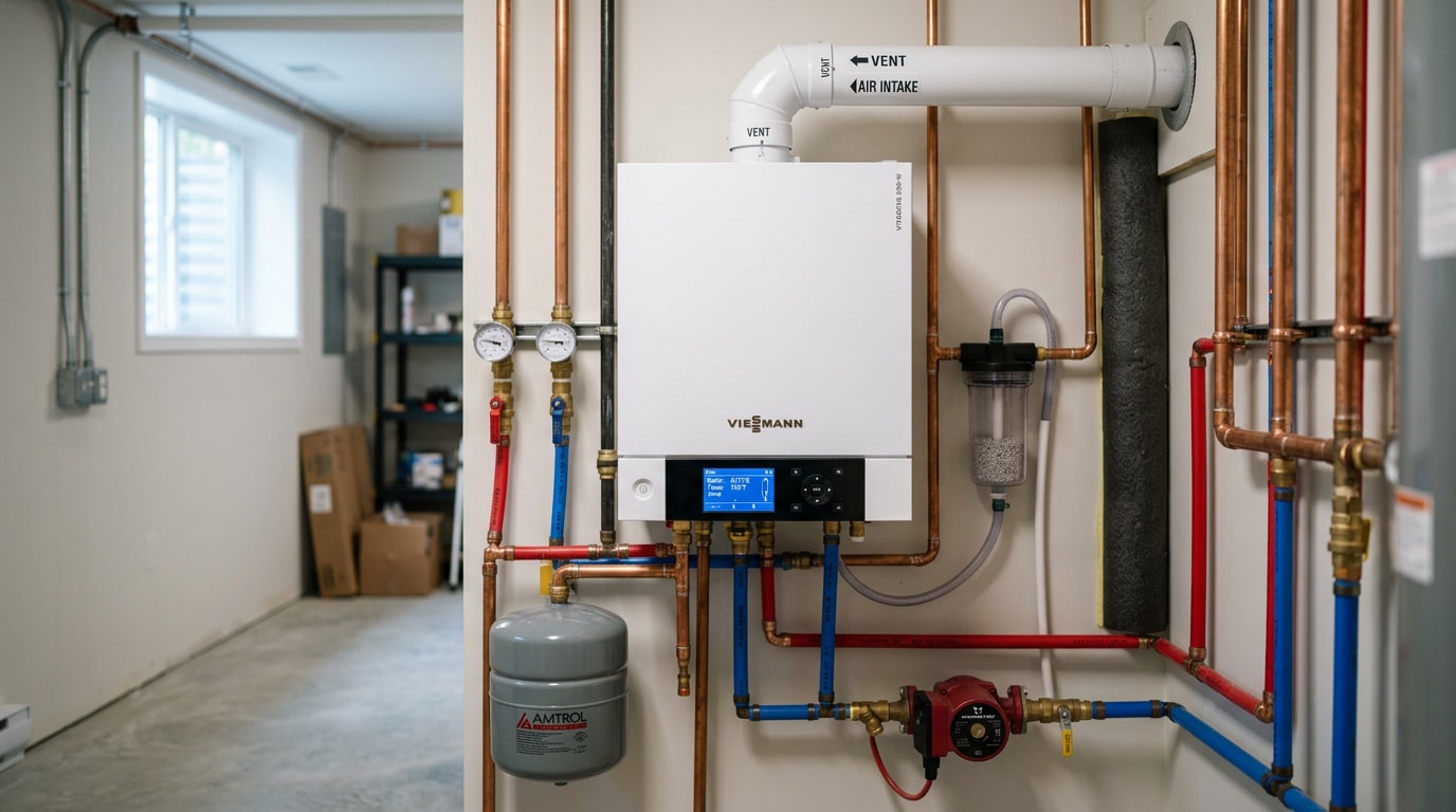 High-efficiency residential boiler installation in a mechanical room
