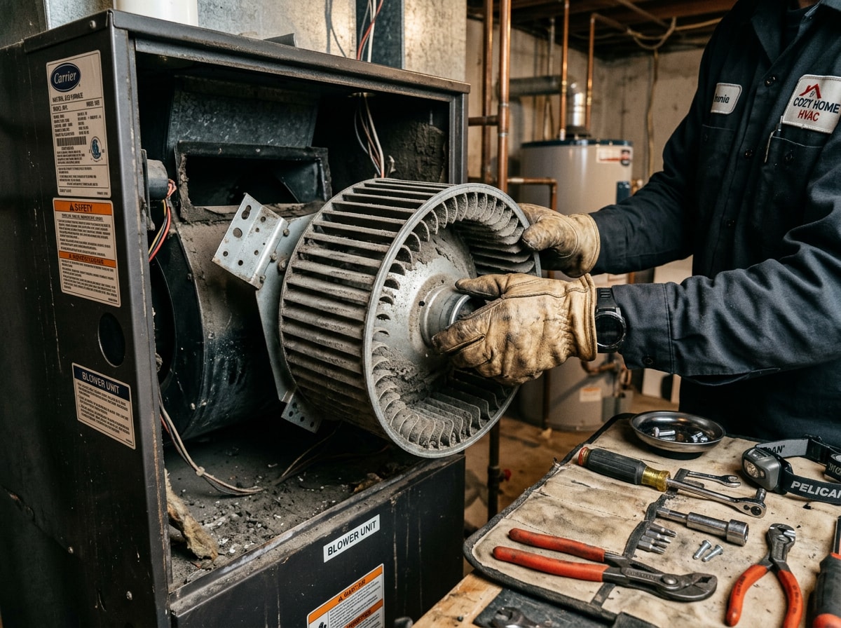 Technician inspecting a furnace blower wheel for central heat repair in Cadott, WI