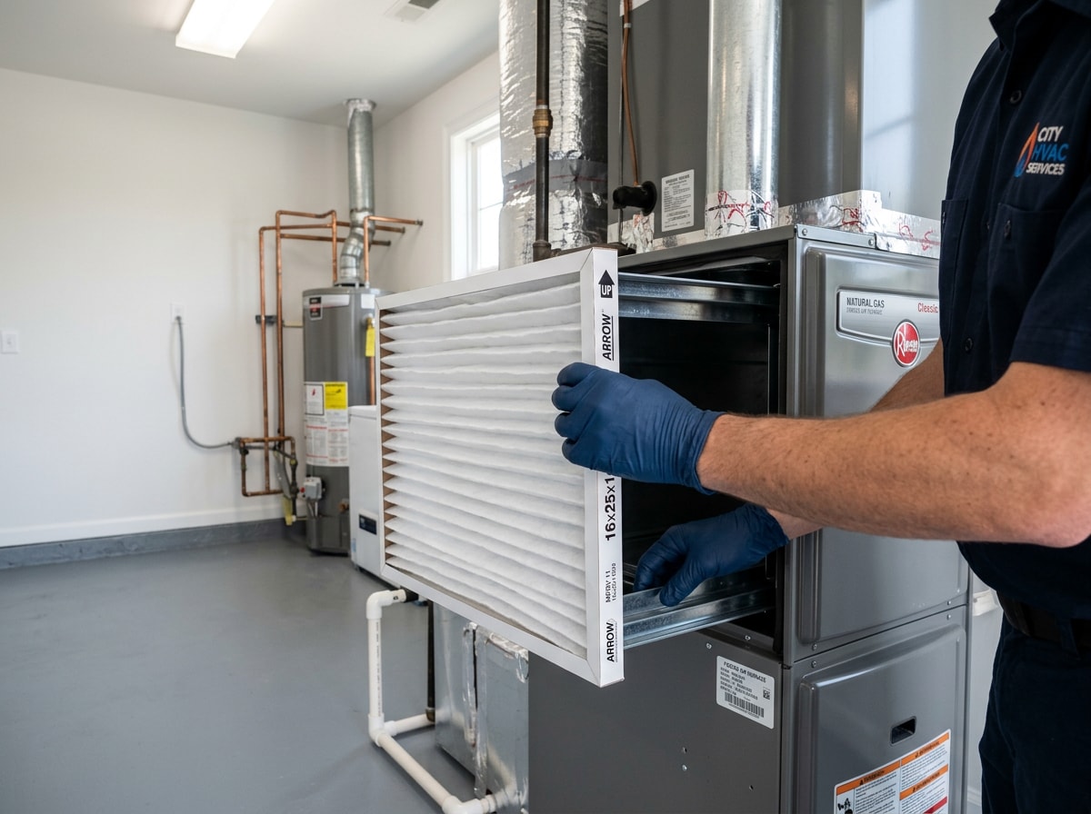 Licensed technician completing furnace maintenance and filter replacement in Cadott WI home