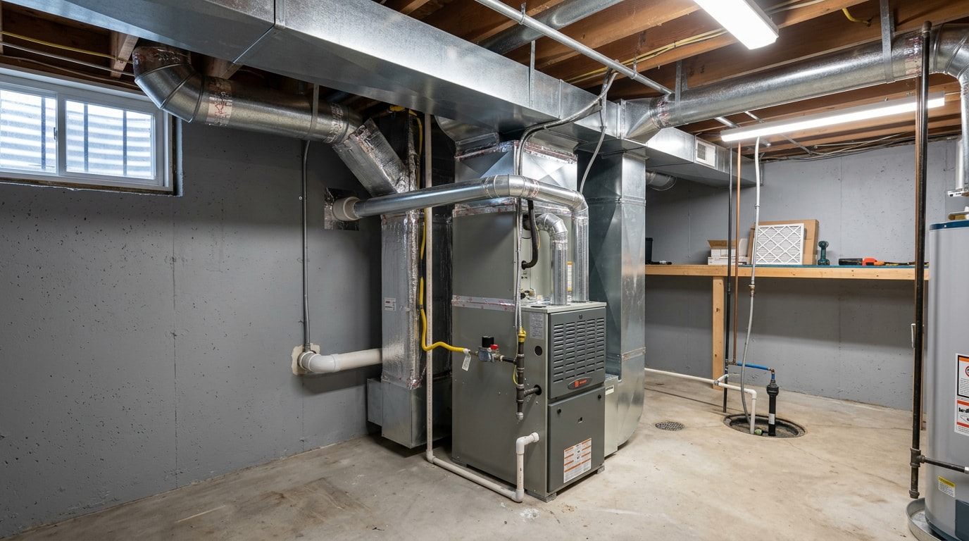 Residential furnace and ductwork in a Cadott, WI home basement