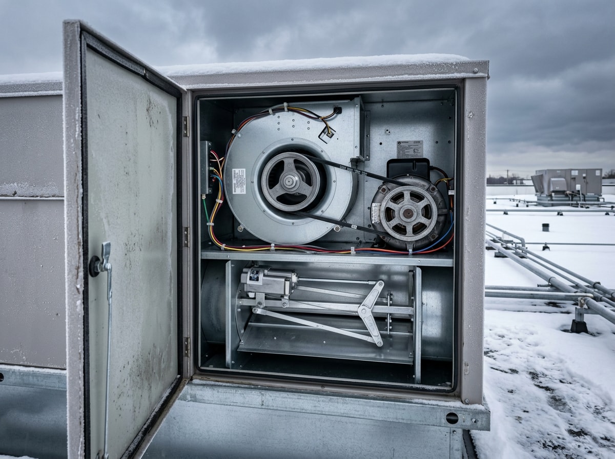 Commercial packaged rooftop HVAC unit on a flat roof in winter with panel open for service