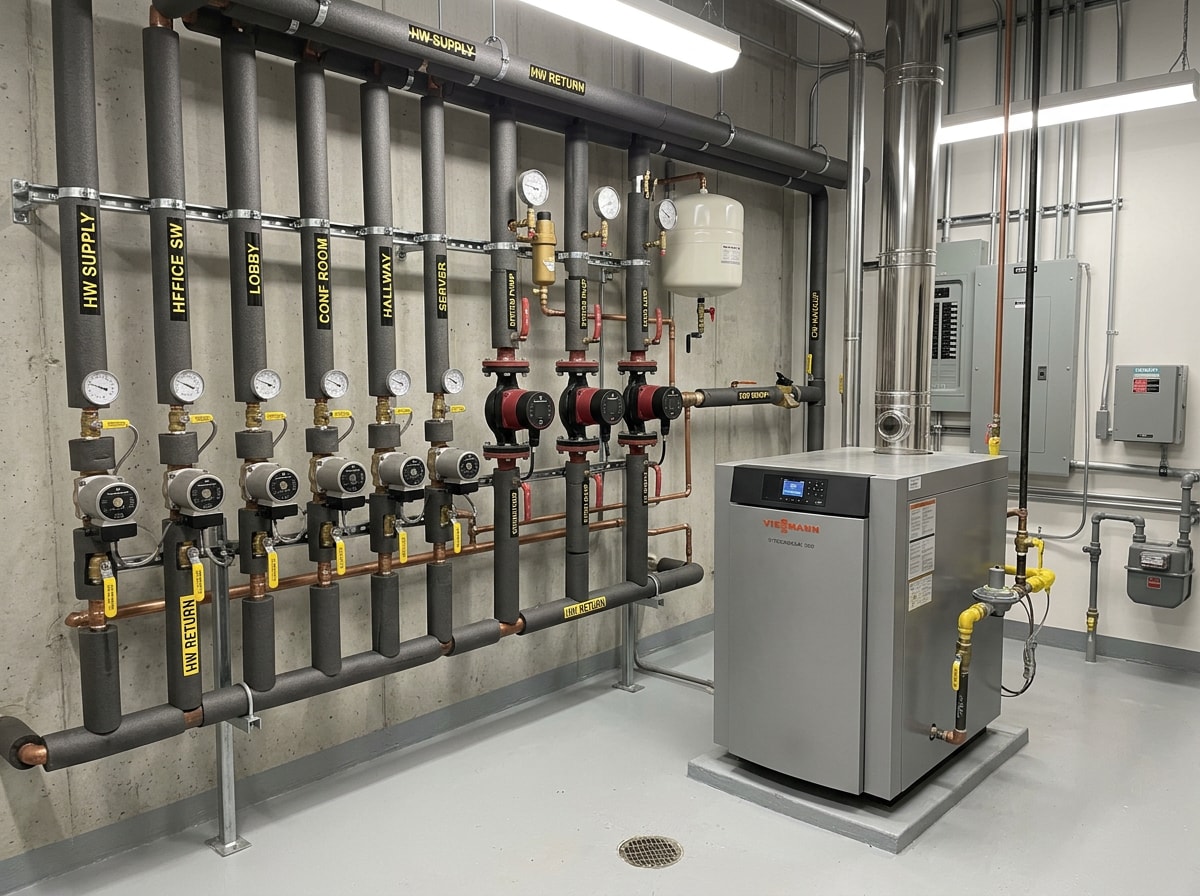 Clean commercial boiler room with hydronic piping, pumps and pressure gauges after service
