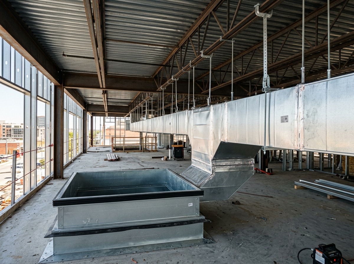 Commercial sheet metal ductwork and rooftop curb installation on a new build project