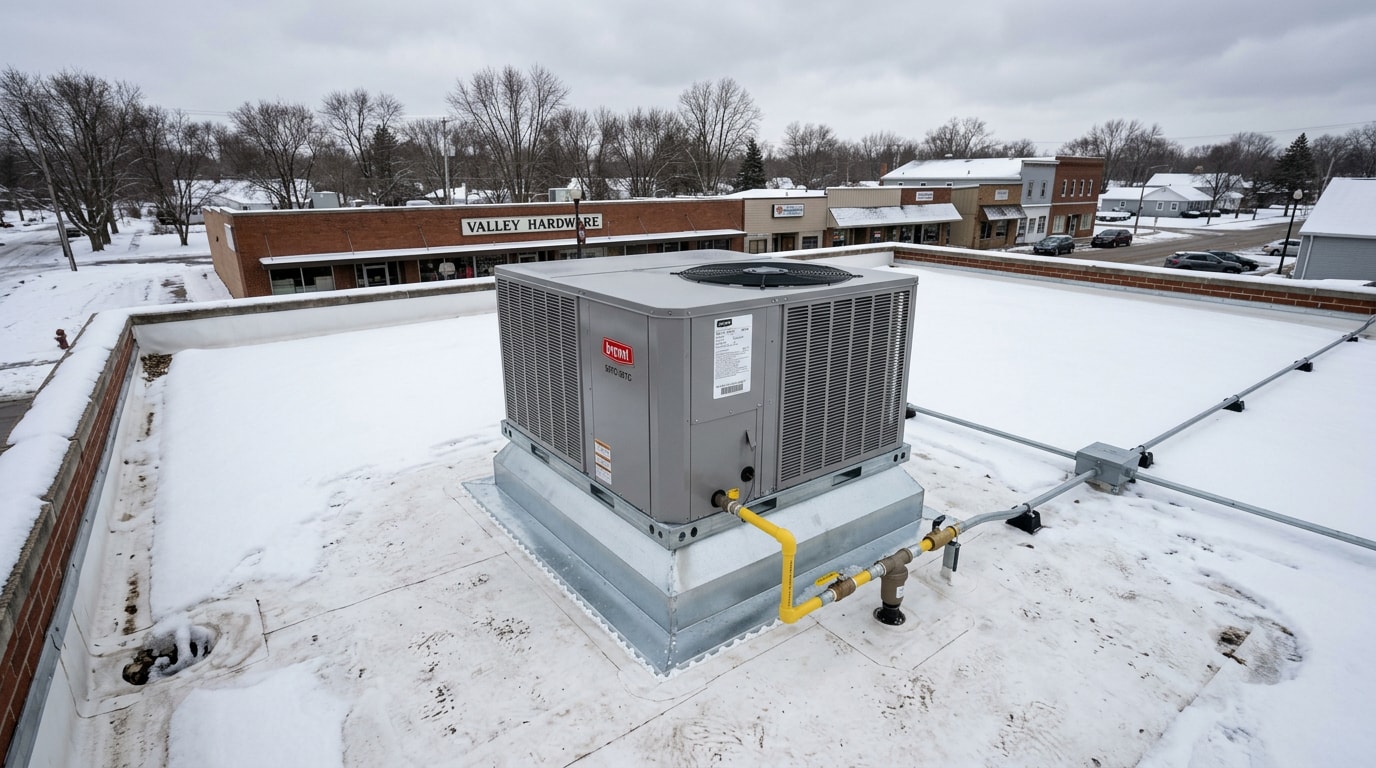 Commercial rooftop HVAC unit on a flat roof of a Cadott, WI business in winter