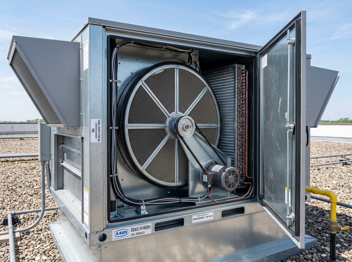 Rooftop dedicated outdoor air unit with energy recovery wheel section on a commercial building