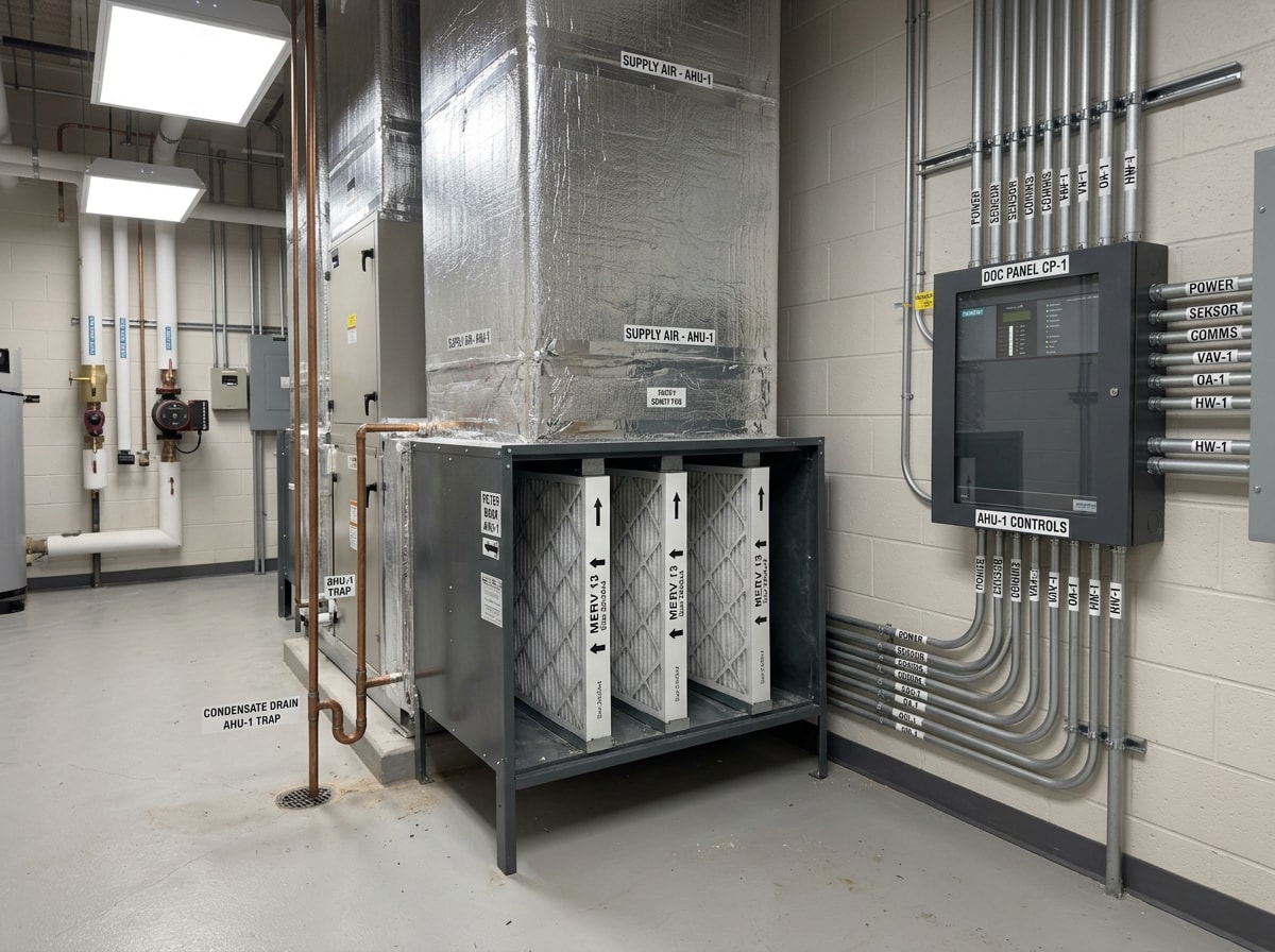Commercial mechanical room with insulated ductwork, filter rack and controls panel for a dedicated outdoor air system