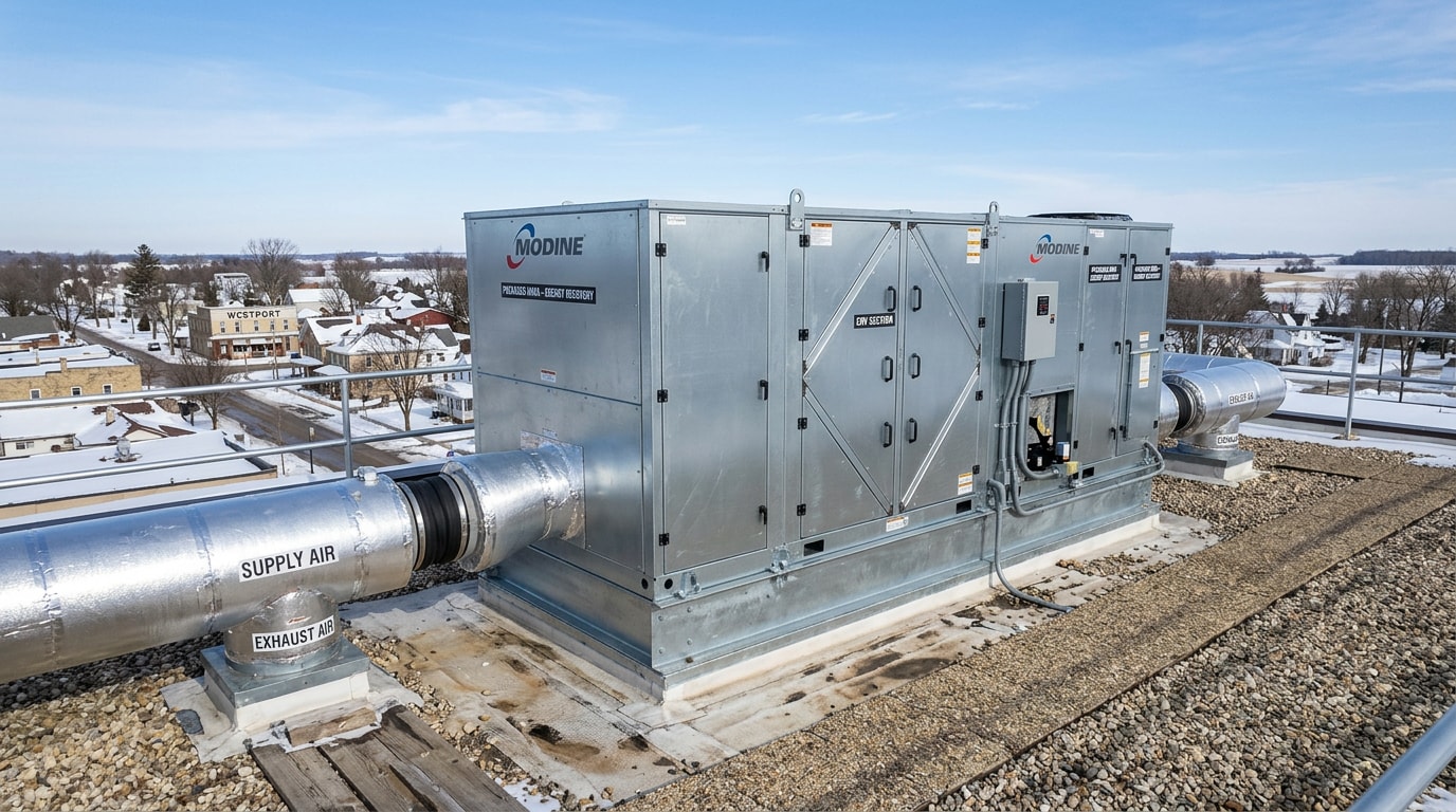 Rooftop dedicated outdoor air system unit installed on a commercial building in Wisconsin