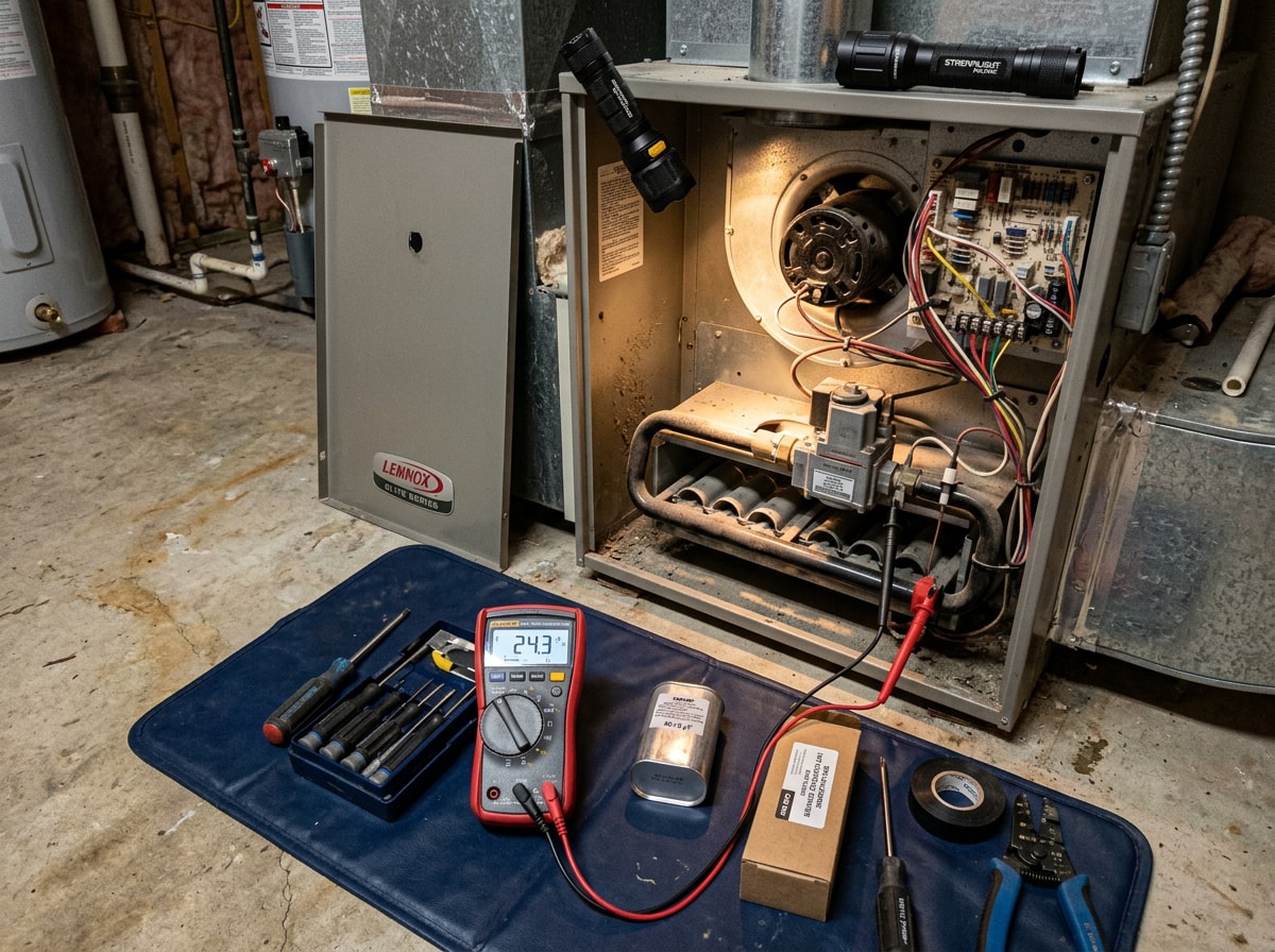 HVAC technician's meter and tools set beside an open residential furnace during a diagnostic visit