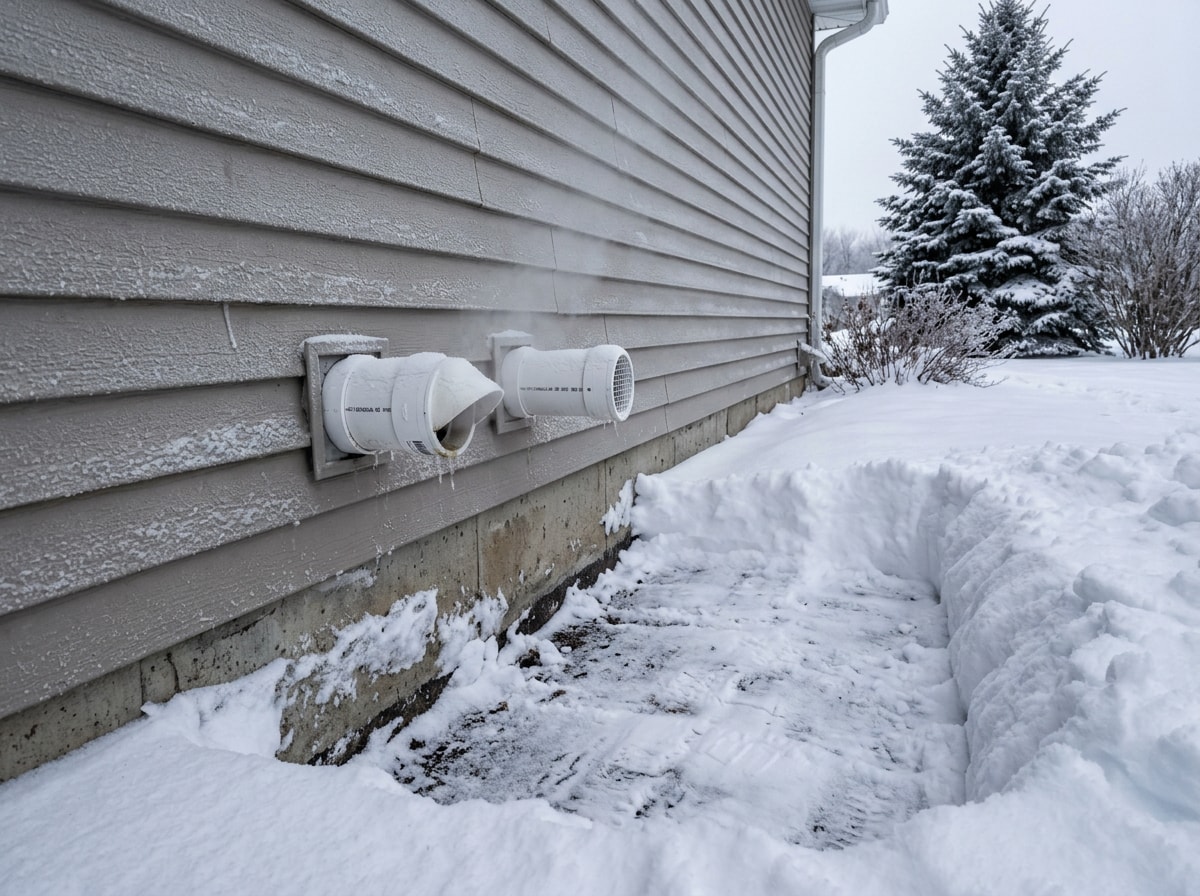 Snow cleared away from white PVC furnace intake and exhaust vent pipes on an exterior house wall in winter