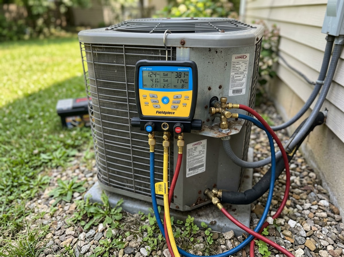 Refrigerant manifold gauges connected to an outdoor air conditioning condenser during a leak diagnosis
