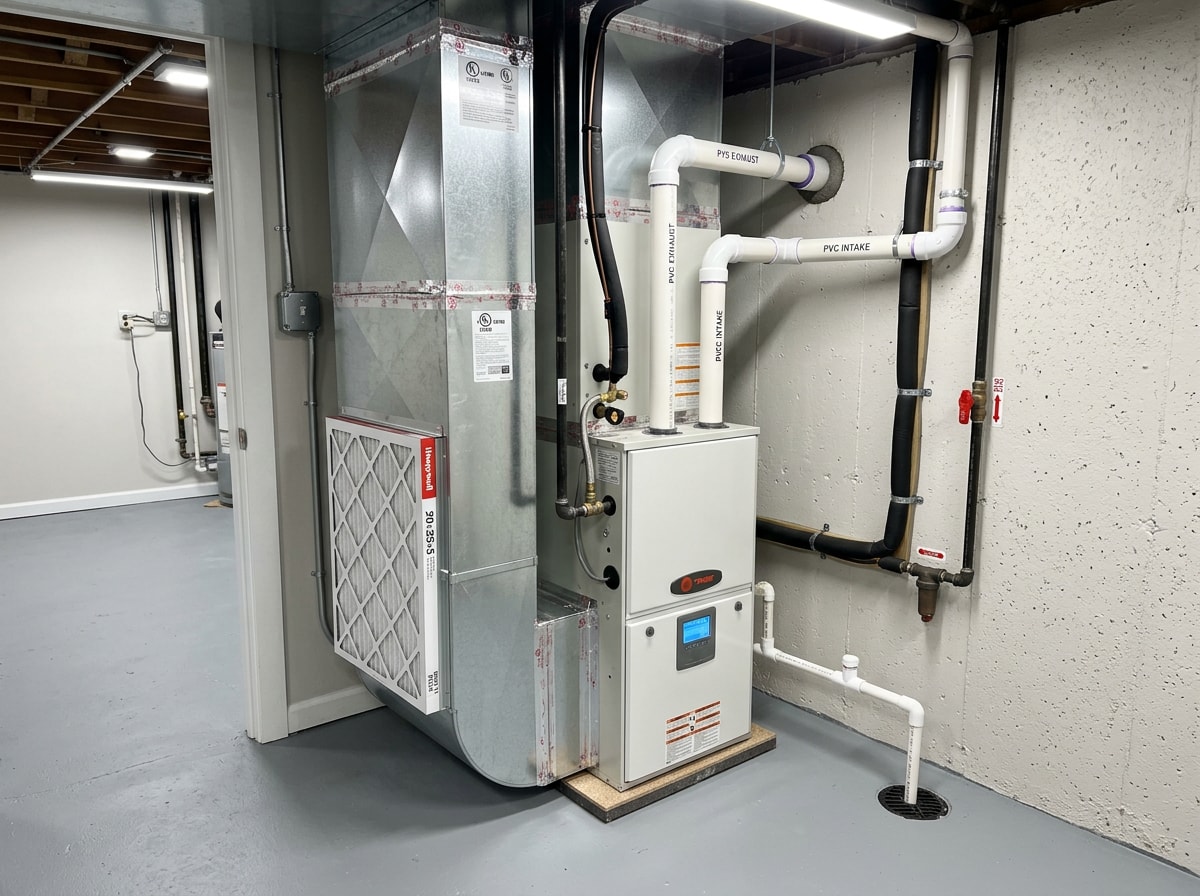 Clean finished furnace and indoor coil installation in a residential basement mechanical room