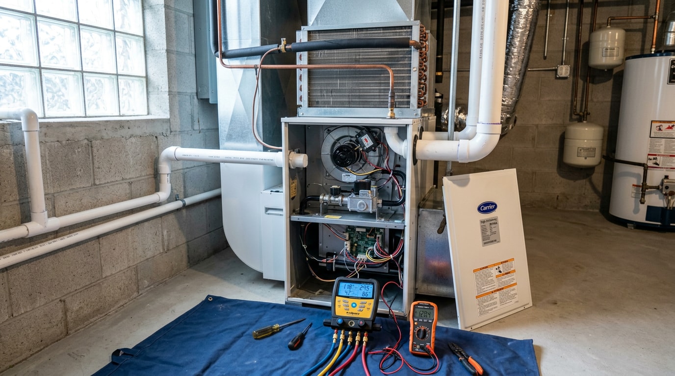 Residential furnace with open service panel and HVAC tools in a Holcombe, Wisconsin basement