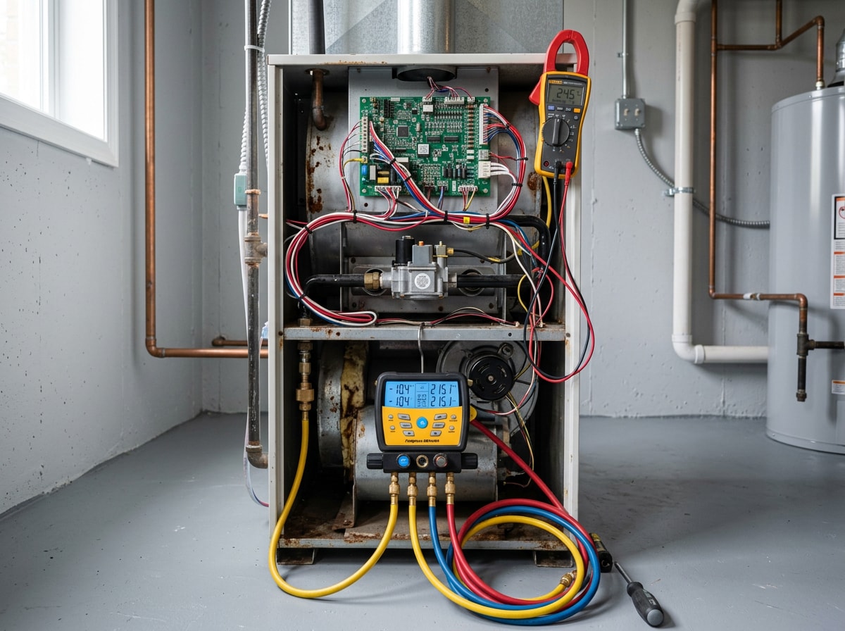 HVAC technician diagnosing a central air system in a Clark County, Wisconsin home
