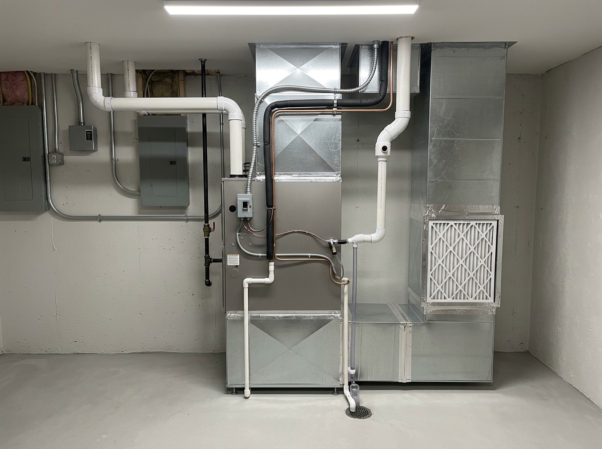 Newly installed high-efficiency furnace and indoor coil in a Wisconsin basement mechanical room