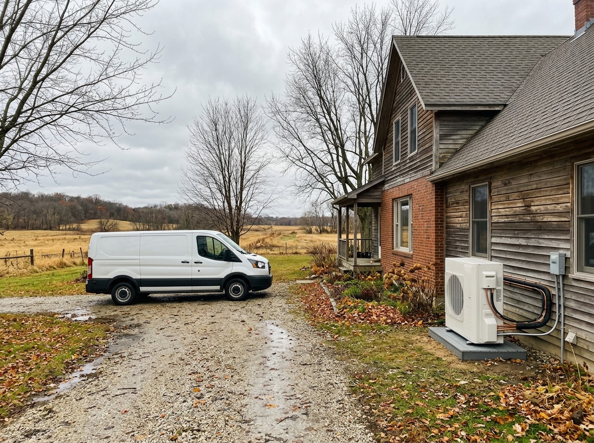 Service van parked outside a rural Wisconsin farmhouse with heating and cooling equipment staged for installation