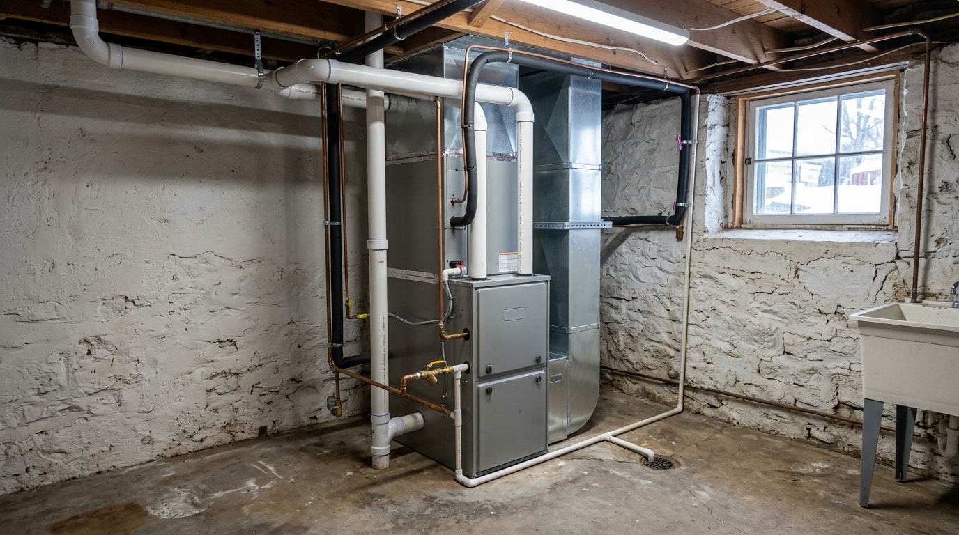 High-efficiency furnace and coil installed in a Clark County, Wisconsin basement