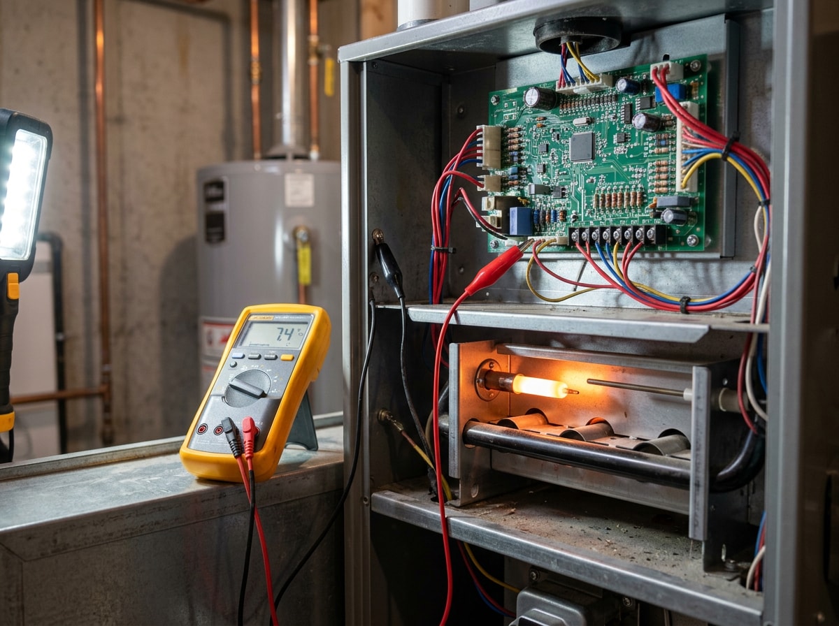 HVAC technician diagnosing a gas furnace control board during a furnace repair visit